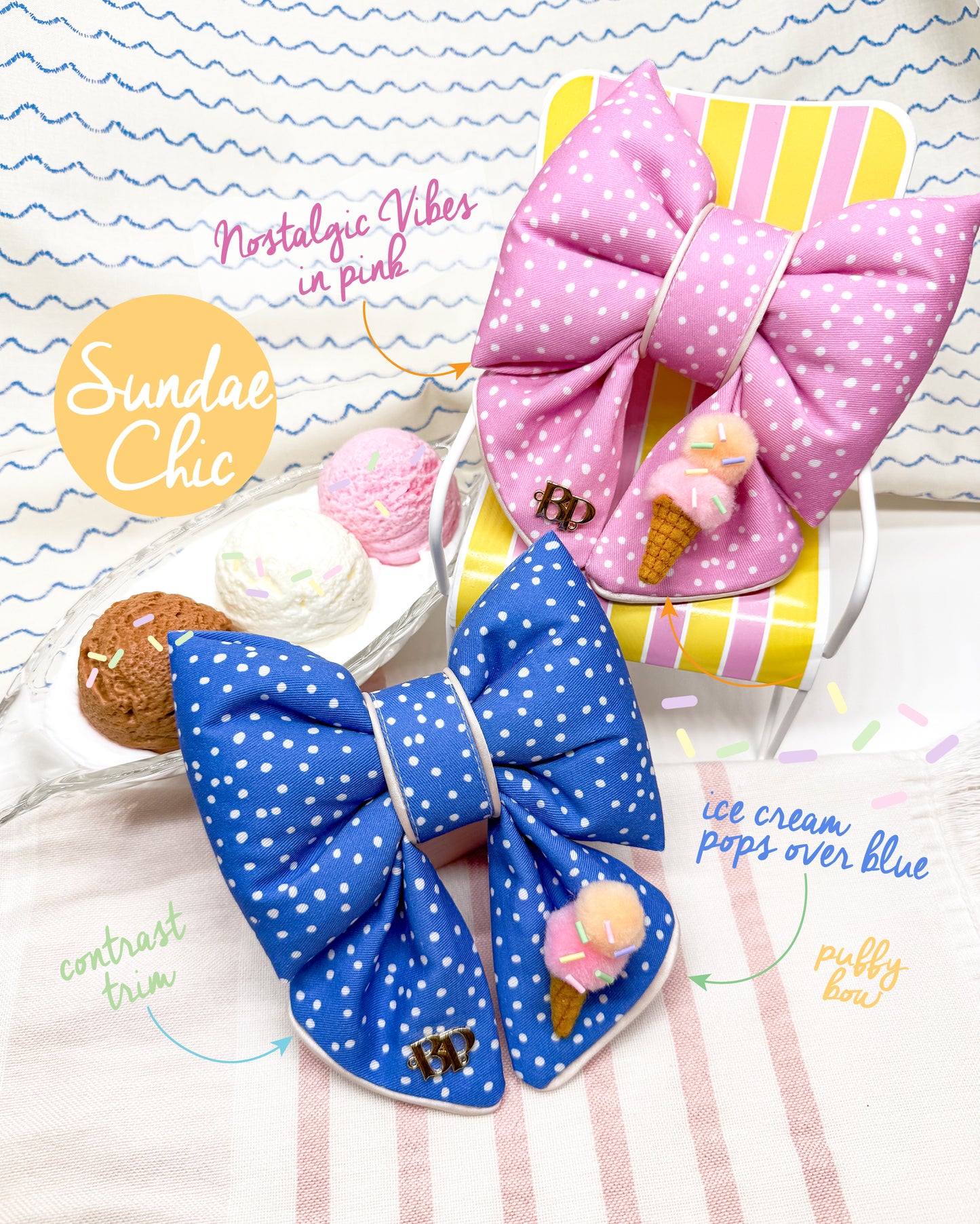 Blue polka dot and mini Ice cream DOG COLLAR DOG bow for dog collar sailor bow. Puffy Bow tie. White Trim edge sailor bow for premium bow tie style. Hand made in Oregon, usa. Bop pop pets hand made accessory. Girl or Boy dog or cat bow pet accessory. Pink sailor bow Beachy summer vibes