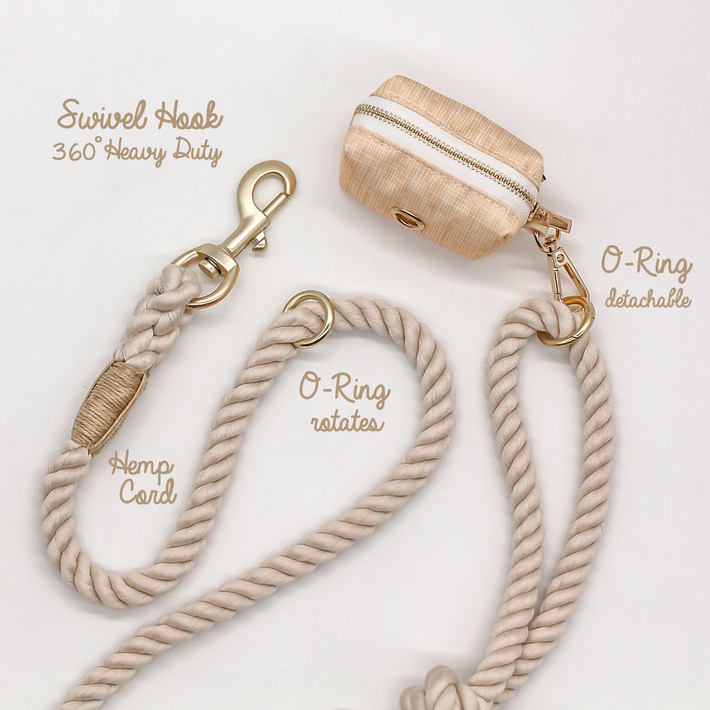 100% cotton rope leash ombre beige neutral bohemian boho pastel 5ft handle ORing gold hardware dog walking pet accessory fade hemp cord with matching set combo poop bag holder dispenser bop pop pets