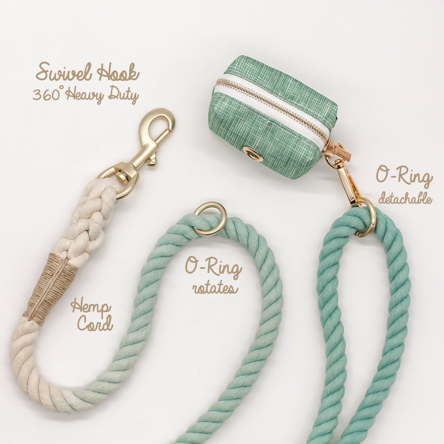 100% cotton rope leash ombre sage green pastel 5ft handle ORing gold hardware dog walking pet accessory  fade hemp cord with matching set combo poop bag holder dispenser bop pop pets