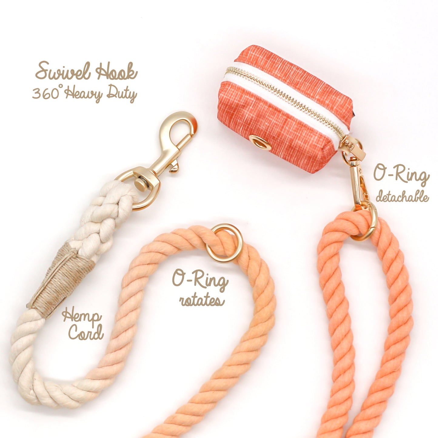 100% cotton rope leash ombre orange sorbet sherbert pastel 5ft handle ORing gold hardware dog walking pet accessory fade hemp cord with matching set combo poop bag holder dispenser bop pop pets