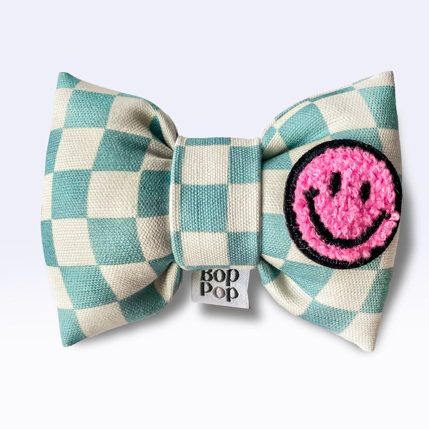 fuzzy smiley face patch for cute bow tie dog cat pet accessory dog mom gifts for small dogs Cutest bow ties for dogs checkerboard print puffy structured bows Bop Pop Pets aqua blue checkerboard