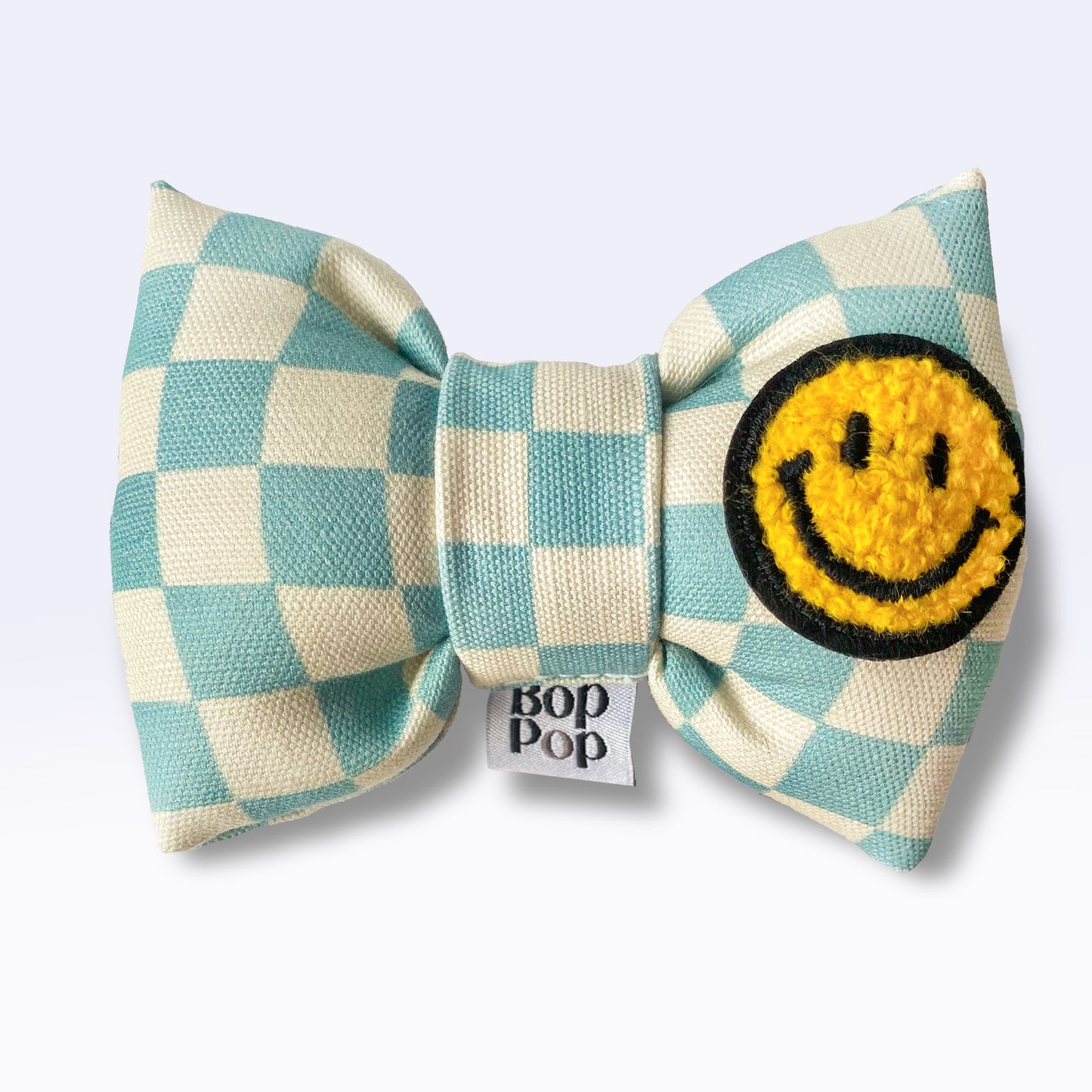fuzzy smiley face patch for cute bow tie dog cat pet accessory dog mom gifts for small dogs Cutest bow ties for dogs checkerboard print puffy structured bows Bop Pop Pets aqua blue checkerboard