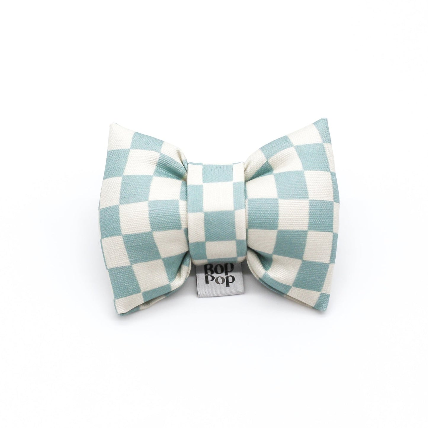 Aqua Blue 100% Organic Cotton Linen checkerboard dapper dog cat bow tie handmade structured puffy bow tie Bop Pop Pets pet apparel