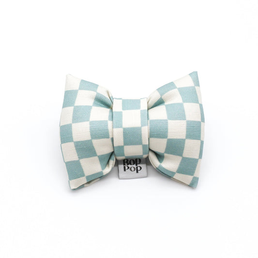 Aqua Blue 100% Organic Cotton Linen checkerboard dapper dog cat bow tie handmade structured puffy bow tie Bop Pop Pets  pet apparel