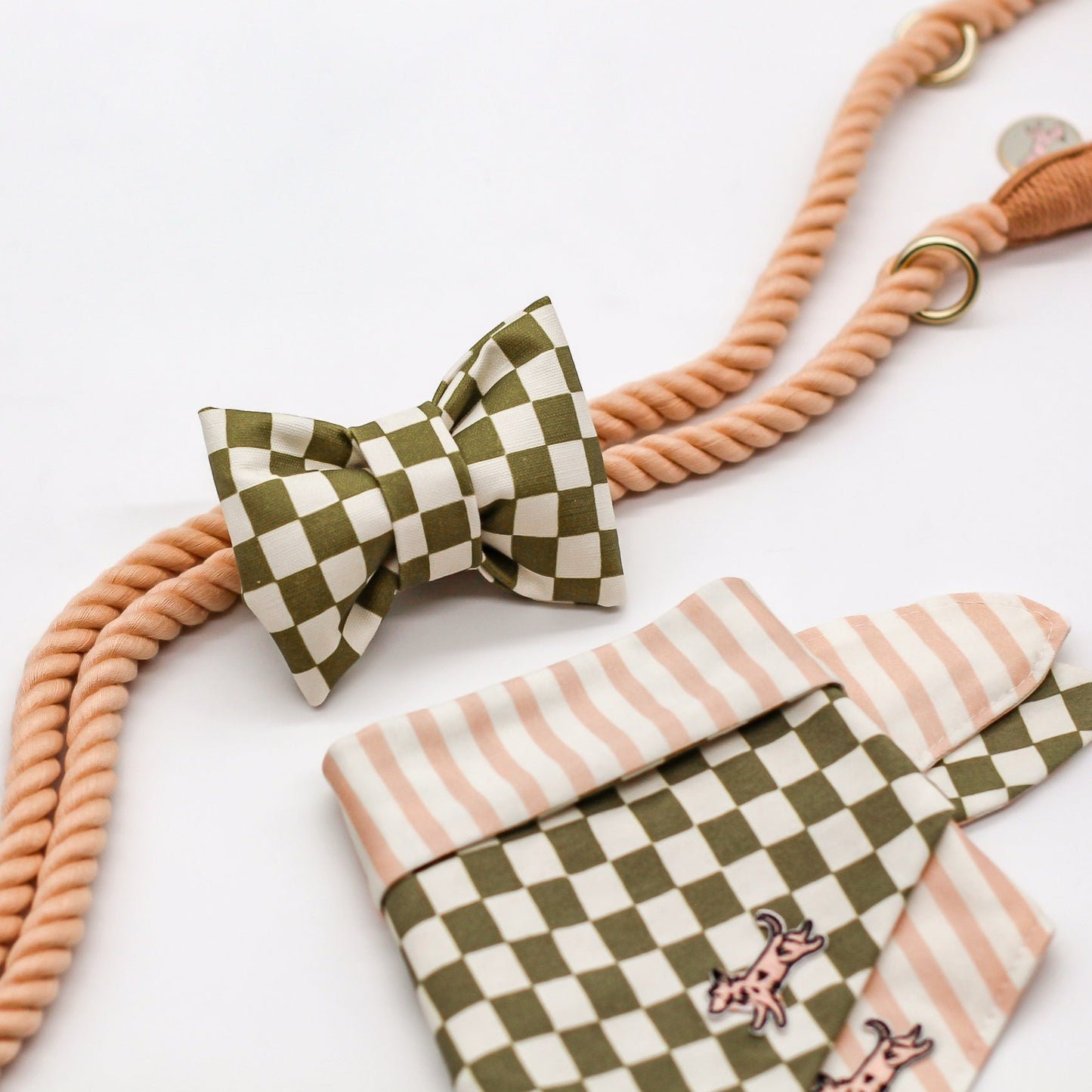 Olive 100% Organic Cotton Linen checkerboard dapper dog cat bow tie handmade structured puffy bow tie Bop Pop Pets handsfree leash with matching set bandana. Peach pink salmon vintage dusty pink striped contrast bandana pet apparel