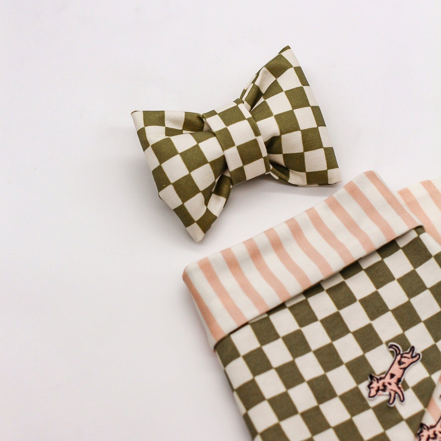 Olive 100% Organic Cotton Linen checkerboard dapper dog cat bow tie handmade structured puffy bow tie Bop Pop Pets matching set bandana. Peach pink salmon vintage dusty pink striped contrast bandana pet apparel