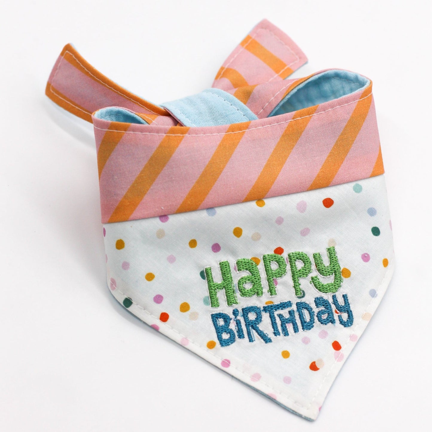 happy birthday pet dog cat 100% cotton bandana, double cotton gauze. Mulitcolor embroidery handmade 2-tone fabric design Bop Pop Pets