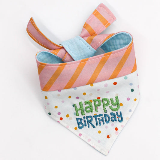 happy birthday pet dog cat 100% cotton bandana, double cotton gauze. Mulitcolor embroidery handmade 2-tone fabric design Bop Pop Pets