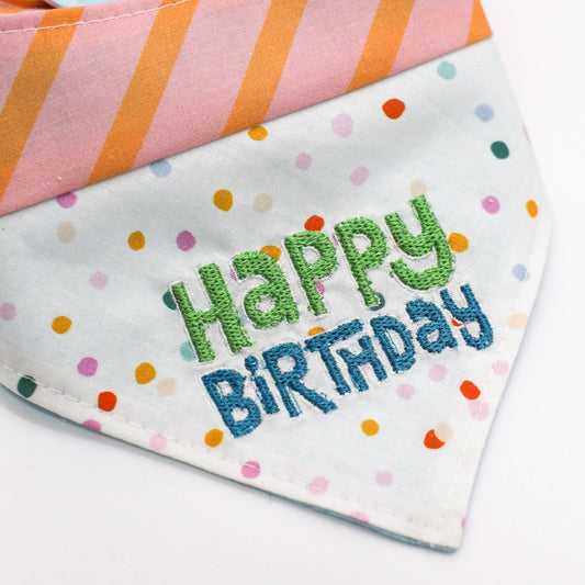 happy birthday pet dog cat 100% cotton bandana, double cotton gauze. Mulitcolor embroidery handmade 2-tone fabric design Bop Pop Pets