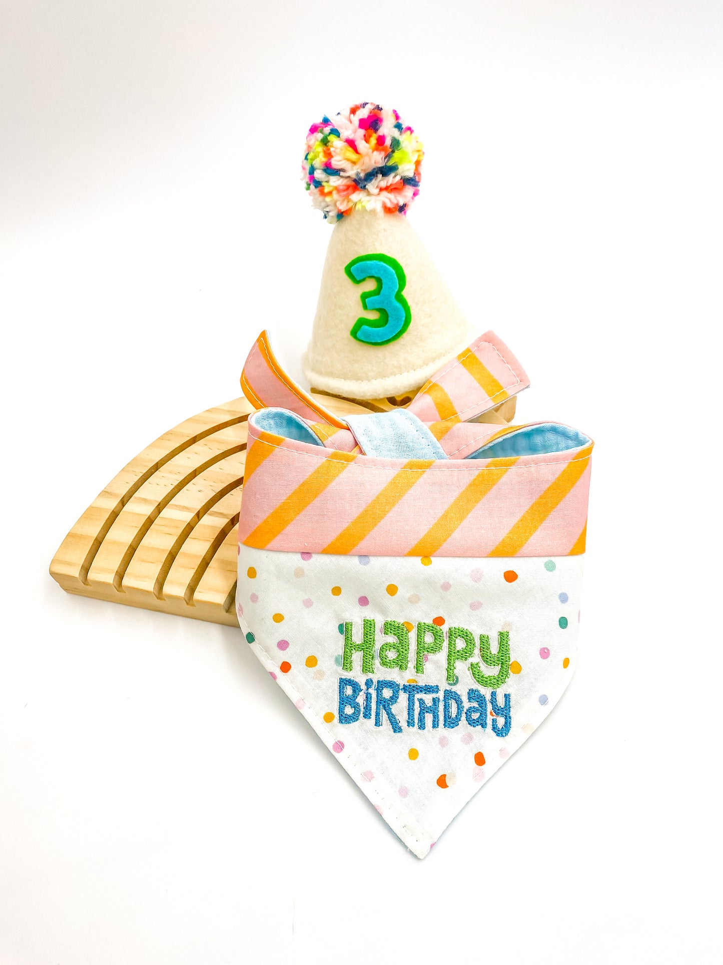 happy birthday pet dog cat 100% cotton bandana, double cotton gauze. Mulitcolor embroidery handmade 2-tone fabric design Bop Pop Pets