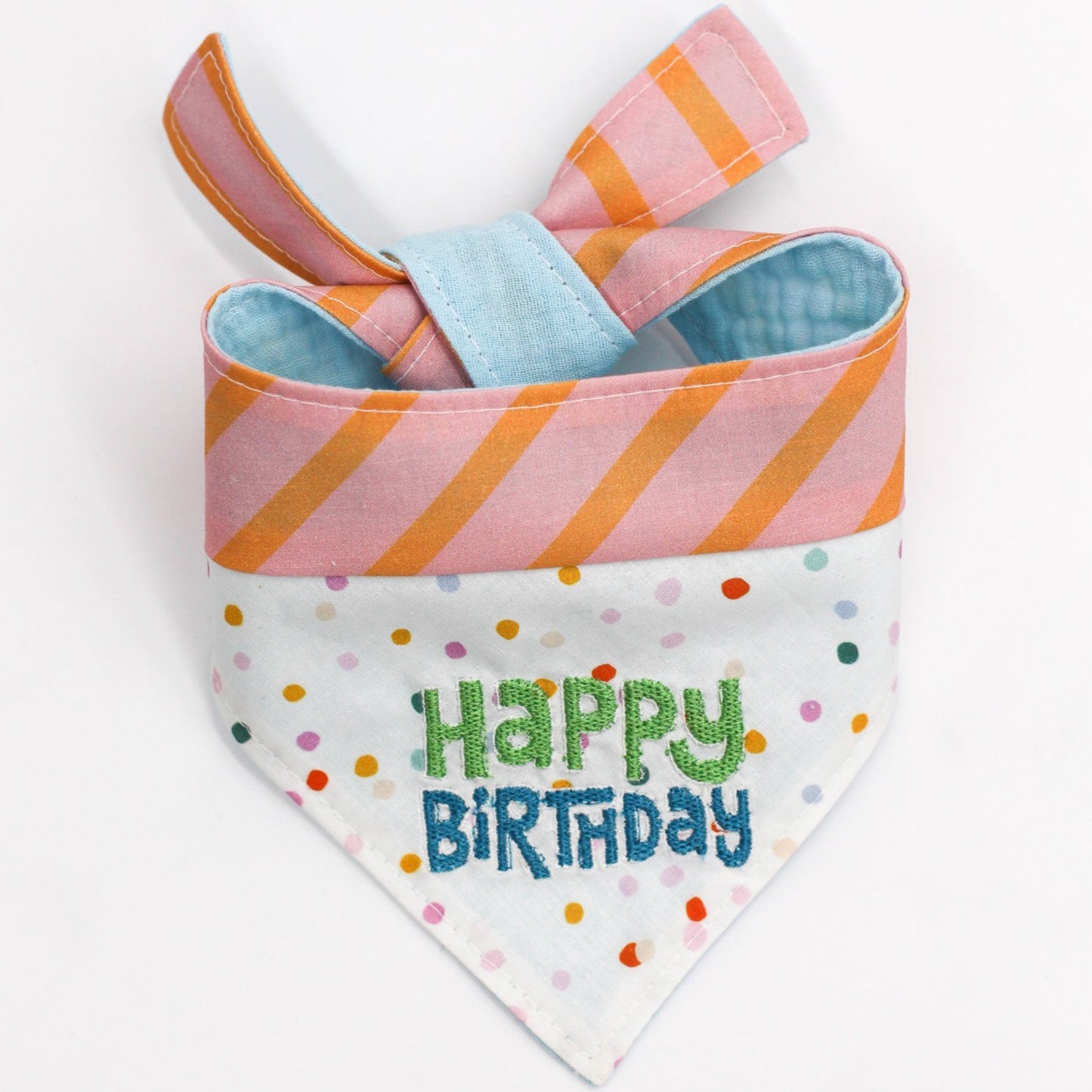 happy birthday pet dog cat 100% cotton bandana, double cotton gauze. Mulitcolor embroidery handmade 2-tone fabric design Bop Pop Pets