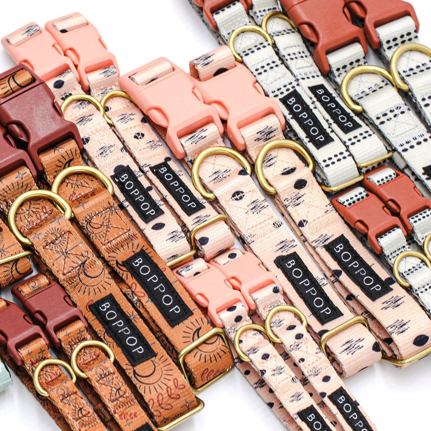 boho style dog collars collection line small size Peachy pink polka dot cotton candy stylish dog collars and leash