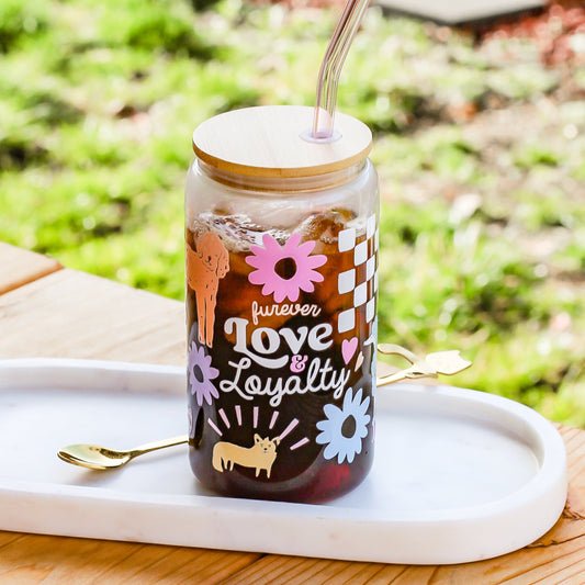 Furever Love & Loyalty dogmom dog pet accessories bamboo lid glass straw UV DTF transfer design Valentines Day Pup Bop Pop Pets