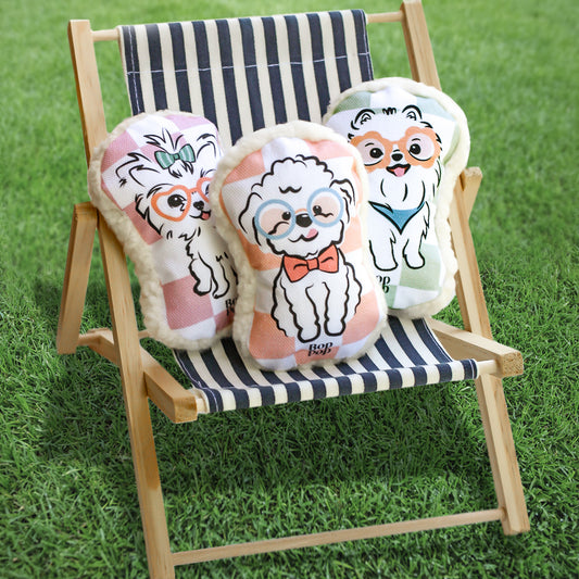 Yorkie Poodle Pomeranian small dog toy pet accessories squeaker, sherpa, checkerboard print on organic cotton canvas Bop Pop Pets