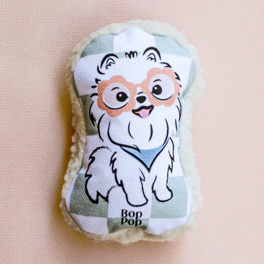 Pomeranian small dog toy pet accessories squeaker, sherpa, checkerboard print on organic cotton canvas