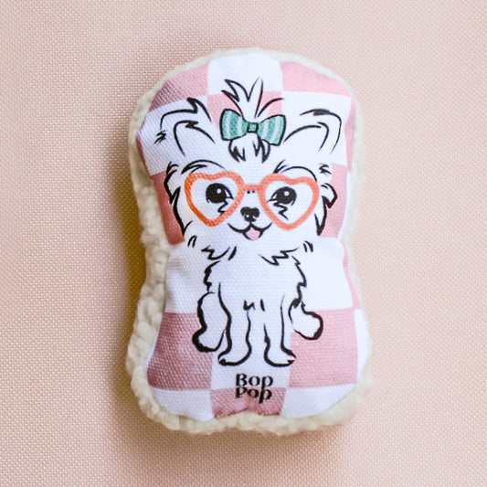 Yorkie Pink small dog toy pet accessories squeaker, sherpa, checkerboard print on organic cotton canvas