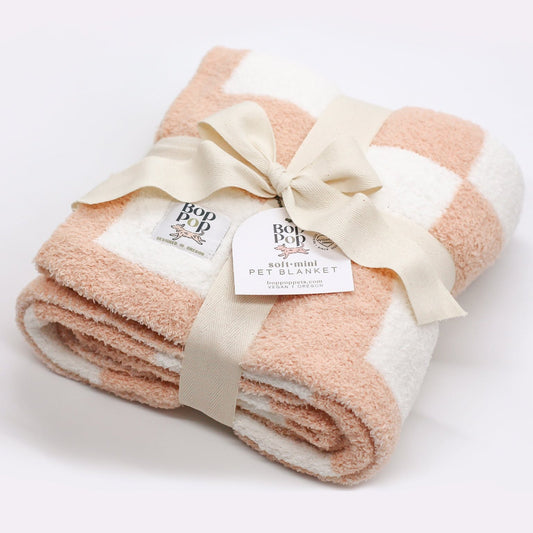 Winter pet blanket, ultra premium plush Oeko-tex Standard 100 Mini pet blanket for pets dogs cats with checkerboard tan white plush, cozy soft fabric mat bop pop pets Holiday gift for pets and pet owners pink blanket. Super warm blanket for dogs, cats and humans