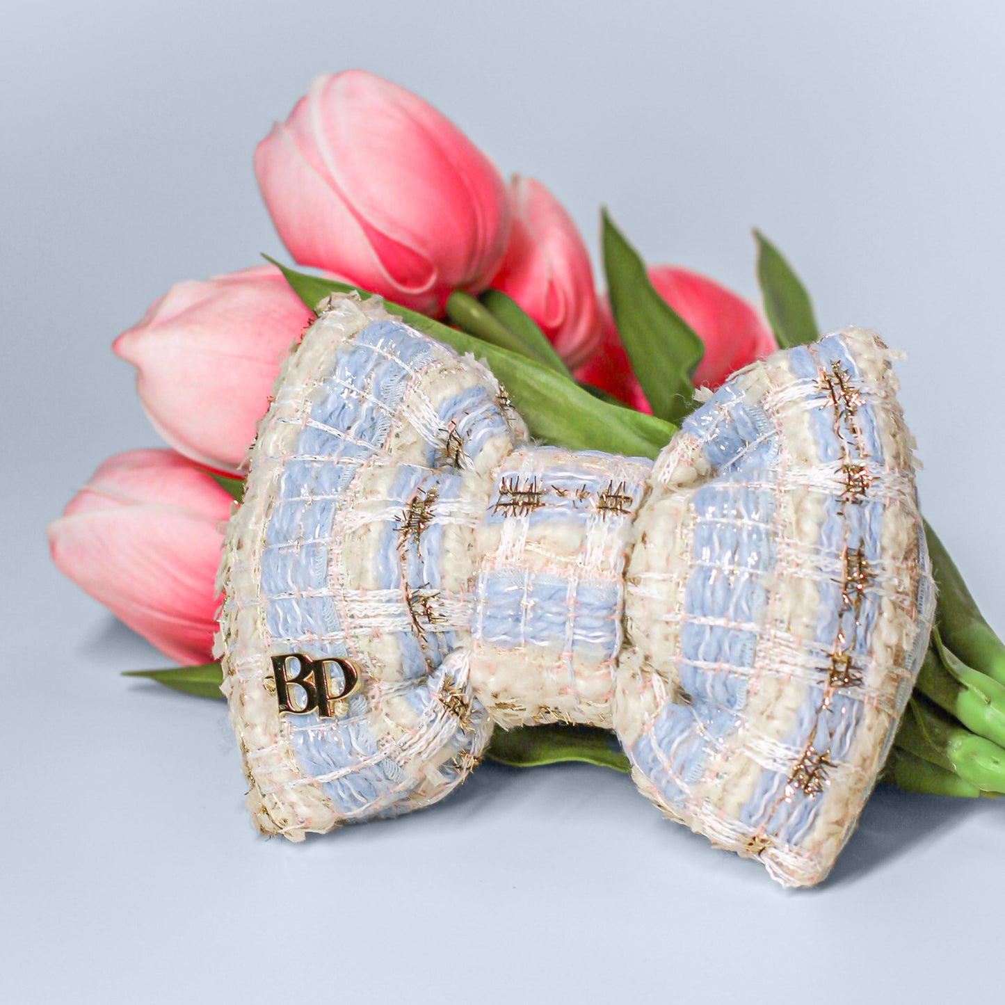 blue white Tweed Pink Sprinkles bow tie. Handmade of High quality premium tweed fabric with gold blue details. pet accessory gift dog & cat bow ties bop pop pets.