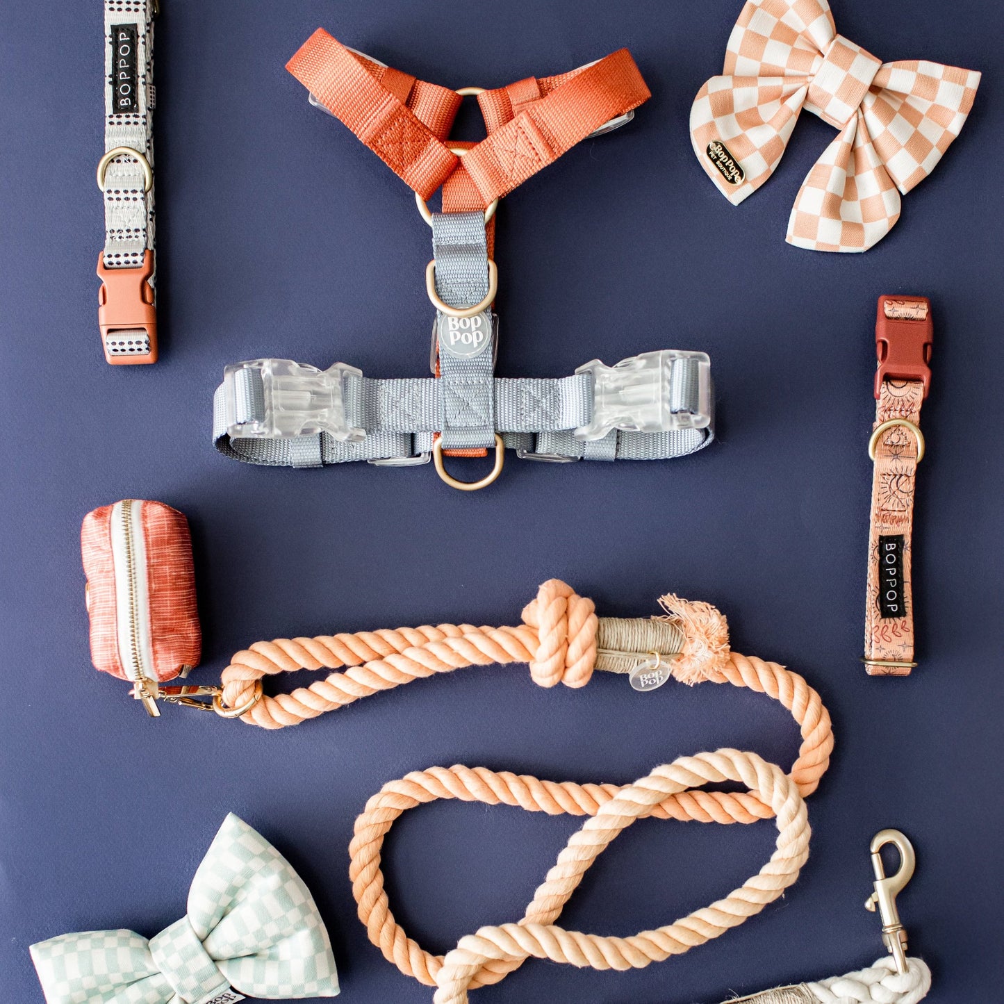 Ombre gradient fade rainbow cotton rope leash orange pink green sage with nylon contrast dog harness clear buckles with matte gold hardware and D-Ring by Bop Pop