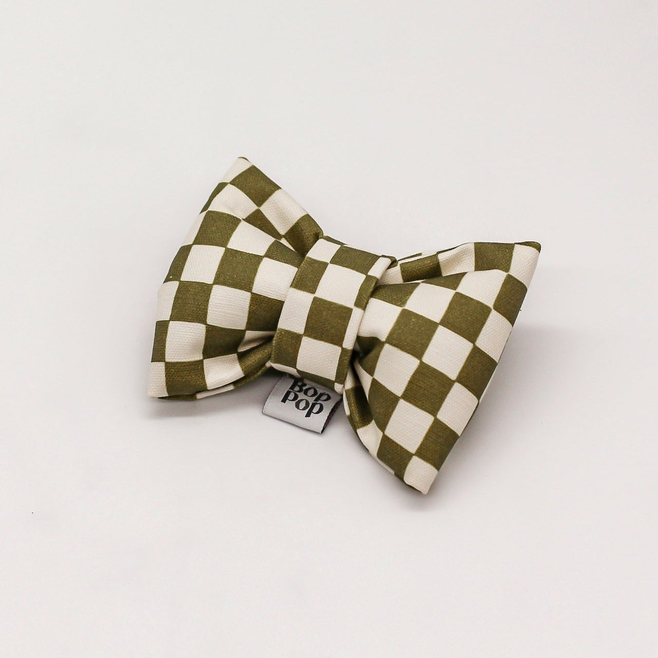 Olive 100% Organic Cotton Linen checkerboard dapper dog cat bow tie handmade structured puffy bow tie Bop Pop Pets pet apparel