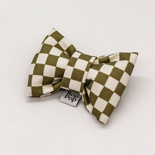 Olive 100% Organic Cotton Linen checkerboard dapper dog cat bow tie handmade structured puffy bow tie Bop Pop Pets pet apparel