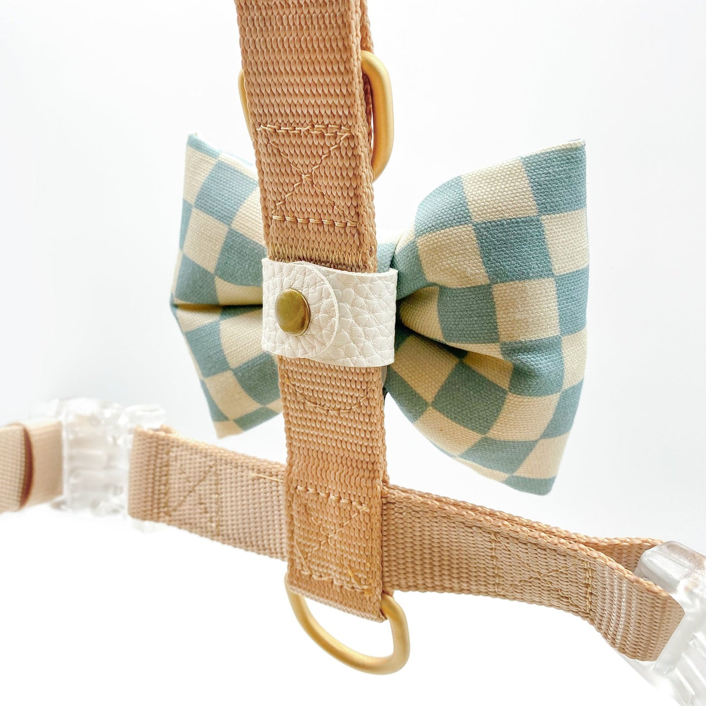 Easy Snap bow tie harness strap bow tie strap for dog harness pet accessory PU leather vinyl vegan material sold brass button snaps bop pop pets nylon 1 inch strap snap close attachment front bow tie dog cat pets Peach Checkerboard