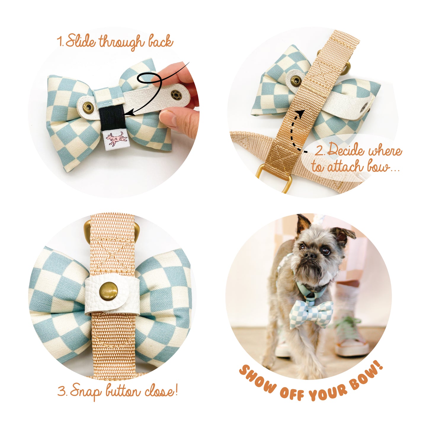 Easy Snap bow tie harness strap bow tie strap for dog harness pet accessory PU leather vinyl vegan material sold brass button snaps bop pop pets nylon 1 inch strap snap close attachment front bow tie HOW TO USE