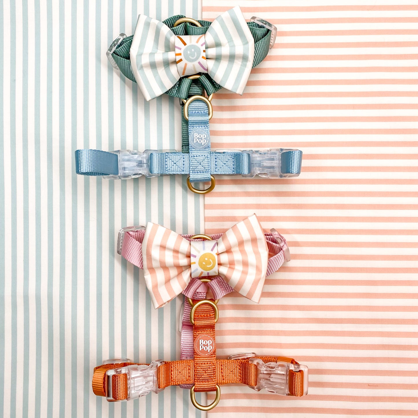 pastel blue peachy pink happy sun with nylon harness bop pop pets accessories structured bow tie dappy preppy pink barbie theme summer easter preppy polo vibes