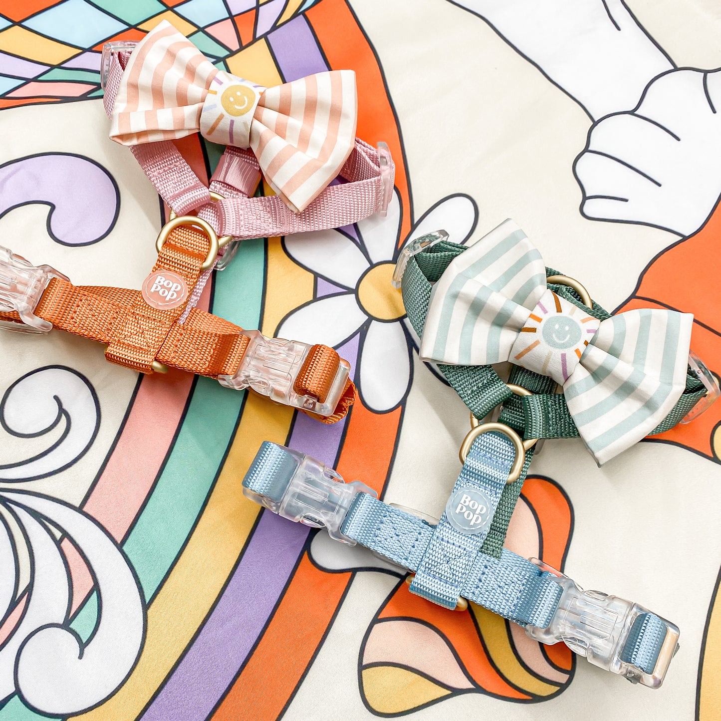 pastel blue peachy pink happy sun with nylon harness bop pop pets accessories structured bow tie dappy preppy pink barbie theme summer groovy vibes