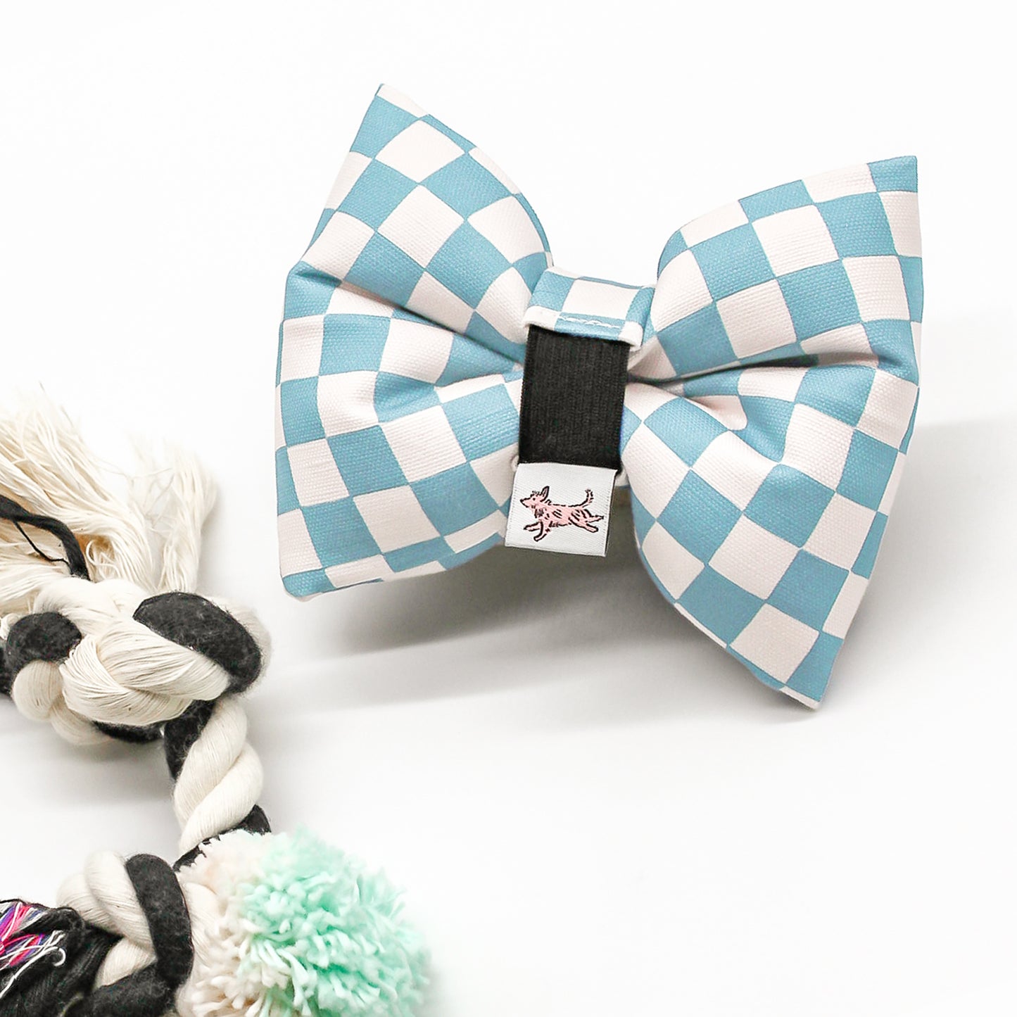 Elastic band collar attach aqua checkerboard oversized large Big Puppa Bow Tie organic linen cotton with Smiley patch fuzzy chenille Bop Pop Pets dog cat accessories Cute Bow Tie Unique Bow Tie Dog Mom gifts