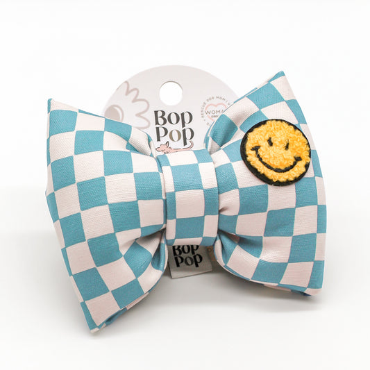 Cute Bow Tie Unique Bow Tie Dog Gifts aqua checkerboard oversized large Big Puppa Bow Tie organic linen cotton with Smiley patch fuzzy chenille Bop Pop Pets dog cat accessories