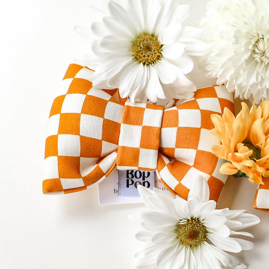 Cutest dog collar bow tie for everyday. Mustard Yellow Checkerboard dog cat bow tie structured puffy Bow yellow white organic cotton linen canvas pet accessory premium handmade. Yellow bow tie for dogs cats pets