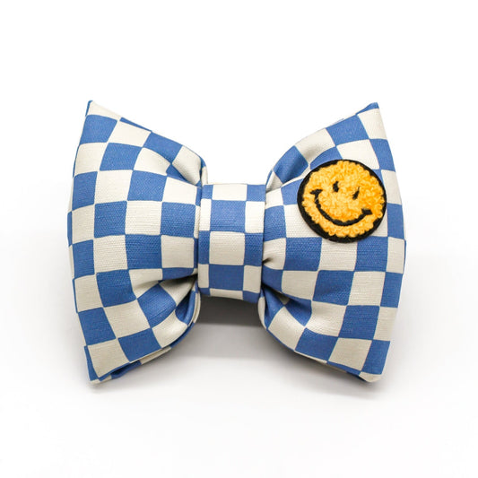 Blue racer checkerboard Bow tie pet accessory apparel XL Big Puppa Bop Pop Pets Organic Cotton Canvas Smiley Face Smile Happy Fuzzy Patch Cute Bow Tie Unique Bow Tie Dog mom gifts with smiley face patch Organic cotton structured bow tie Mustard yellow brooklyn style checkerboard prints collar bow Bop pop pets dog cat pet accessories dog mom gifts