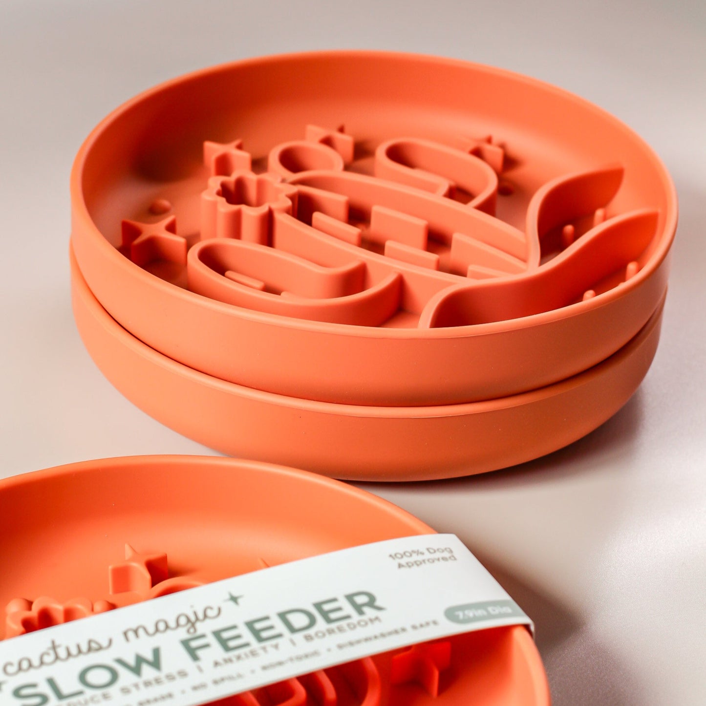 Cactus Magic Slow Feeder Reduce stress anxiety boredom dog cat feeder for fast eating pets orange sienna sunset color
boho desert style suction bowl for fun eating snack activity Bop Pop Pets pet supplies and feeding bowls