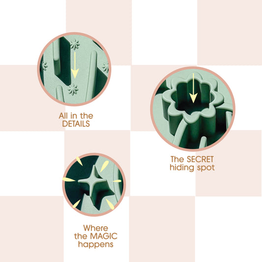 Three circular close-up callouts on a pale pink and beige checkered background highlight product details with text reading 'All in the DETAILS,' 'The SECRET hiding spot,' and 'Where the MAGIC happens.'.