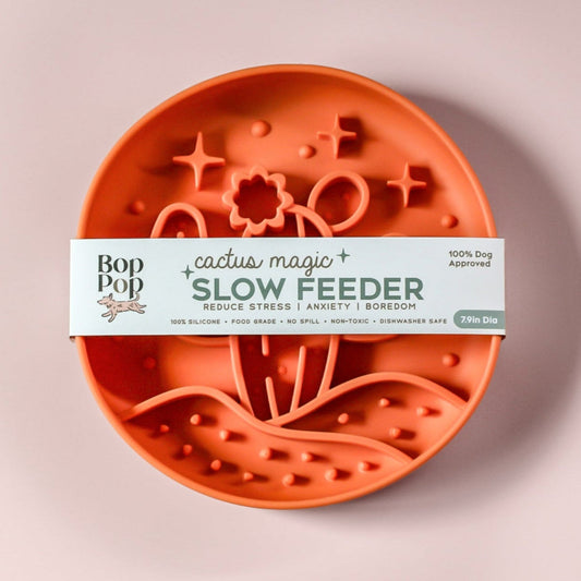 Cactus Magic Slow Feeder Reduce stress anxiety boredom dog cat feeder for fast eating pets orange sienna sunset color
boho desert style suction bowl for fun eating snack activity Bop Pop Pets pet supplies and feeding bowls