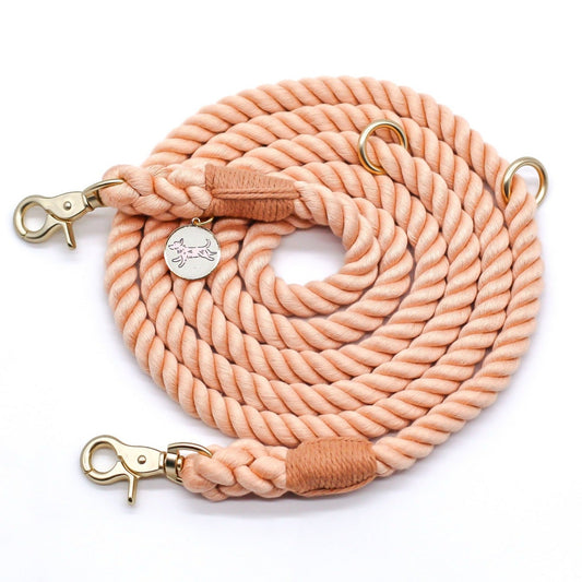 Champagne Pink Pastel Cotton handsfree rope leash 8ft Bop Pop Pets Gold Matte Hardware Dog Walking
