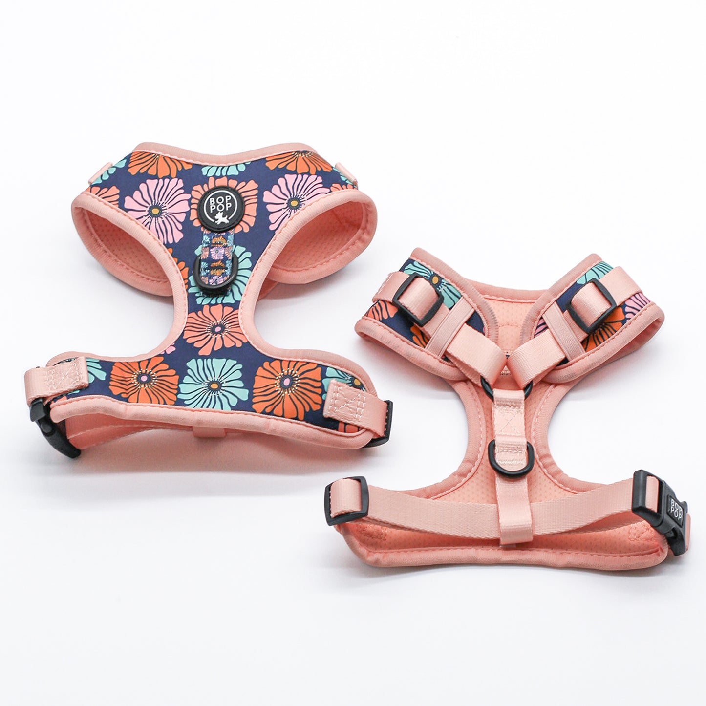 DAZY Dog Harness Multicolor Pink daisy flower floral Print dogs small medium large soft comfort harness padded neoprene breathable walking harness Navy flowers
