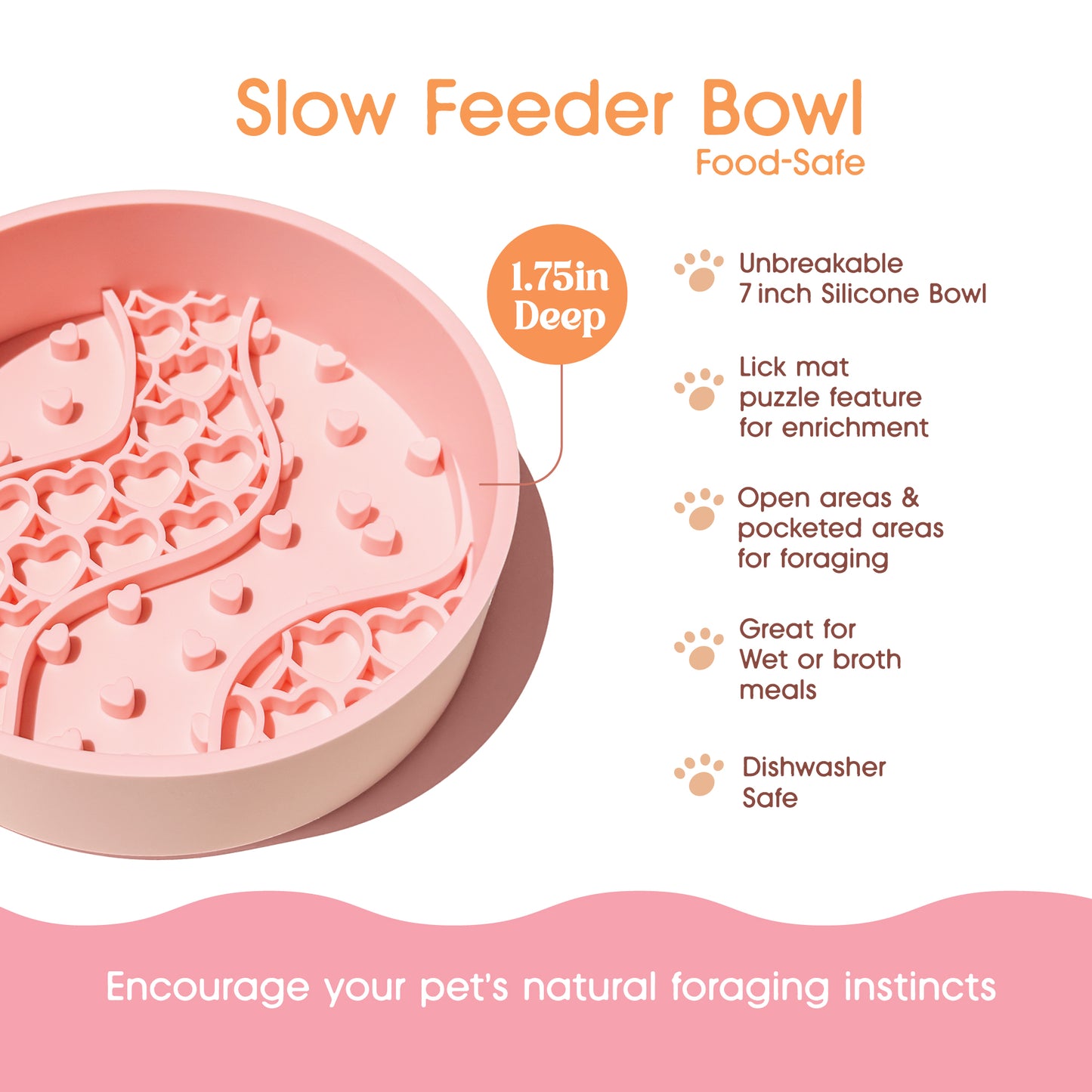 Pink silicone pet slow feeder bowl with a textured maze-like surface, shown on a white background with orange text highlighting features such as 1.75-inch depth, unbreakable design, lick mat feature, and dishwasher safe.