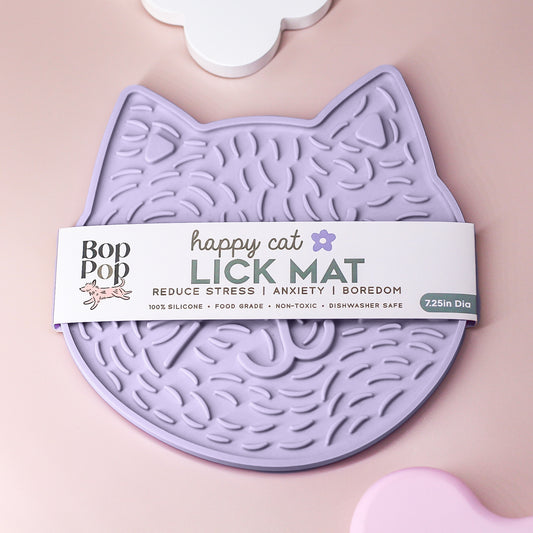 Happy Cat Kitty Lick mat for dogs cats kittens to reduce stress anxiety boredom Slow feeder BPA free non-toxic silicone mat Bop Pop Pets feeders pet supplies suction mat