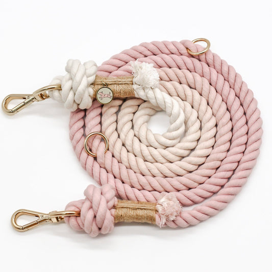 cotton rope leash hands free leash dogs ombre gradient pink rosy quartz color brass hardware