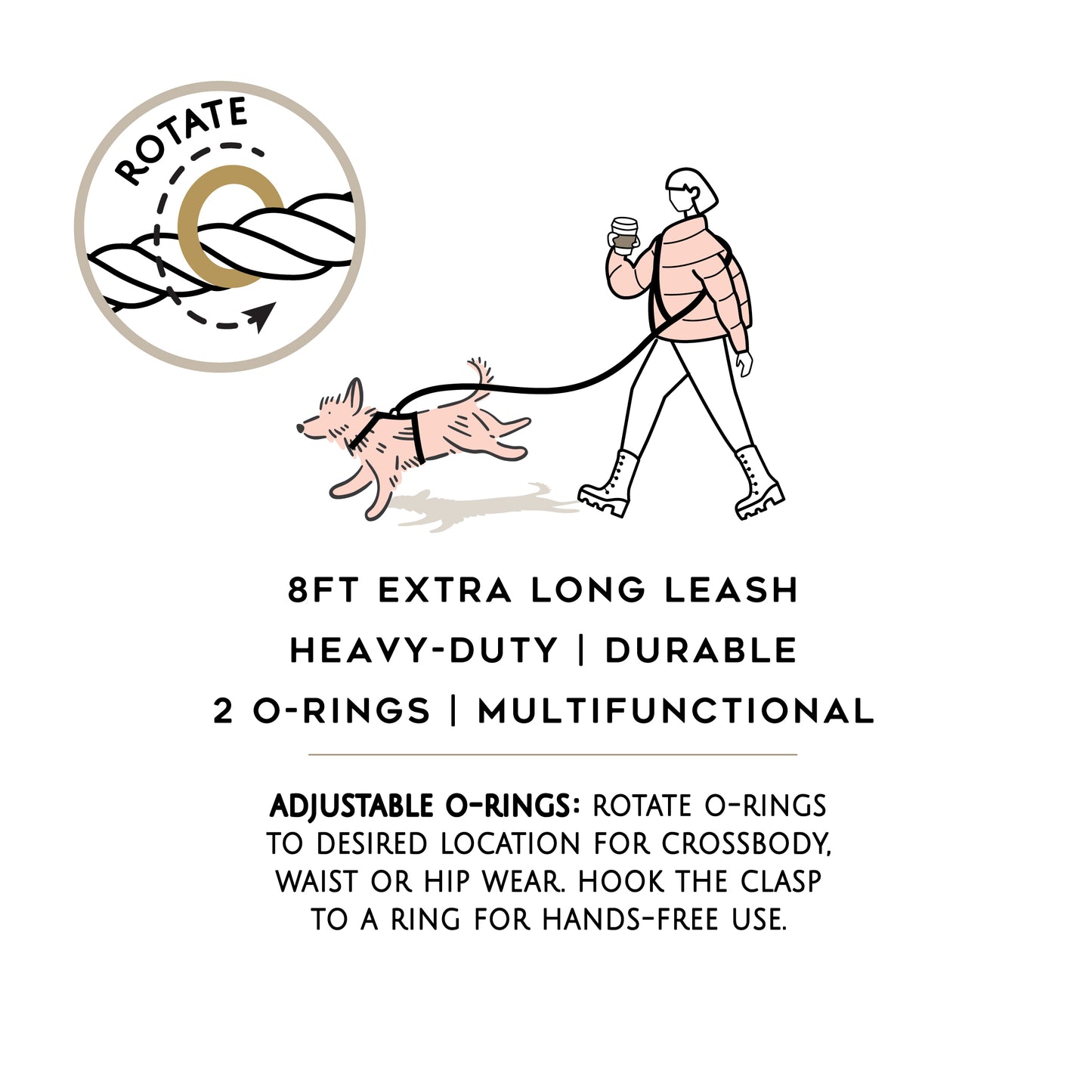 Heavy-Duty Hands Free 100% Cotton Leash | Rose Quartz