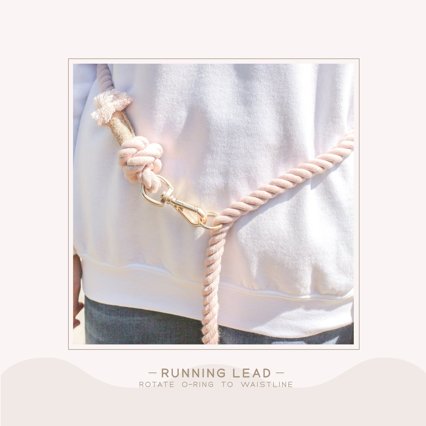 cotton rope leash hands free leash dogs ombre gradient pink rosy quartz color brass hardware knotted rope running leash