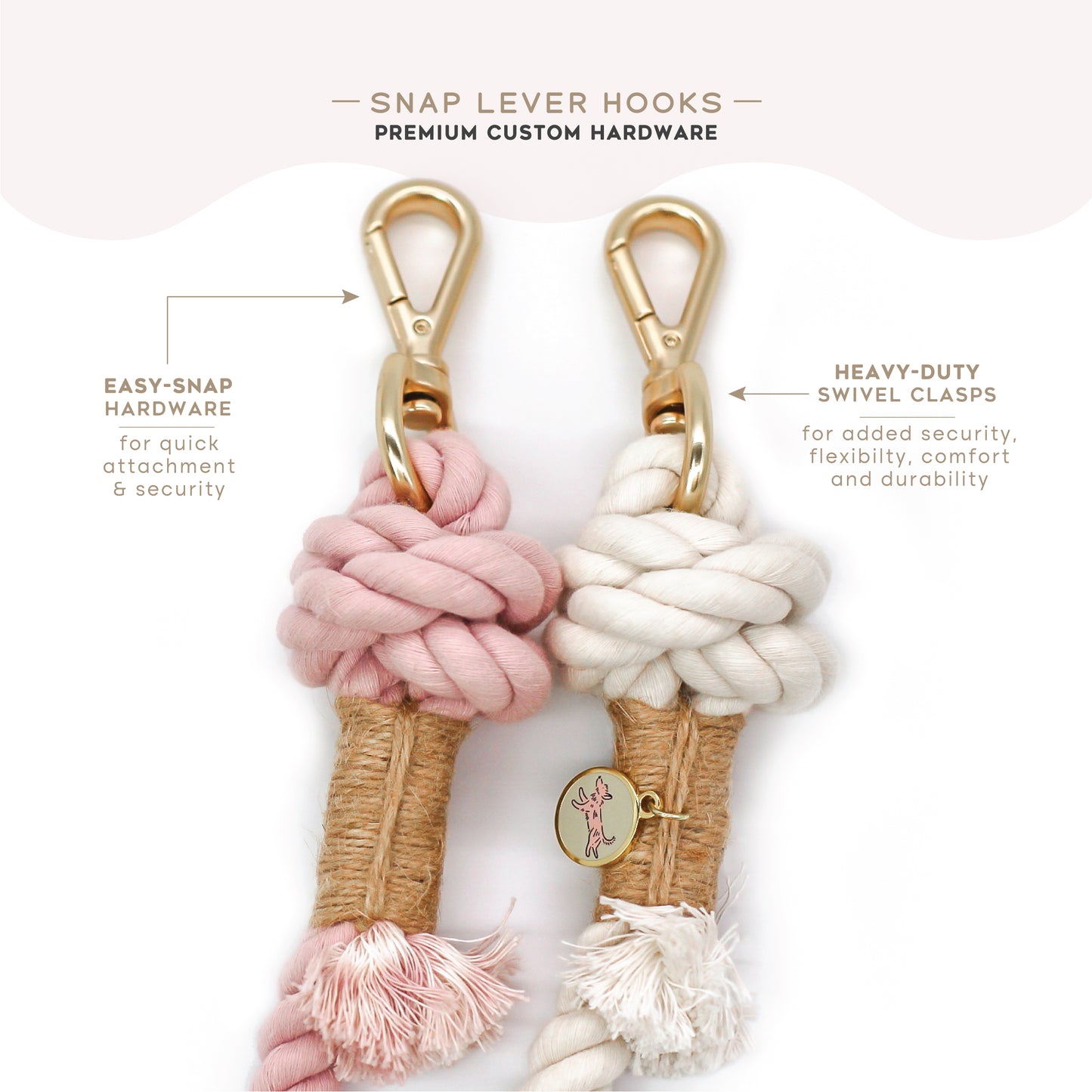 hands free cotton rope dog leash matte gold swivel lever snap clasp Bop Pop Pets pet accessory Premium hardware Heavy duty durable swivel clasps