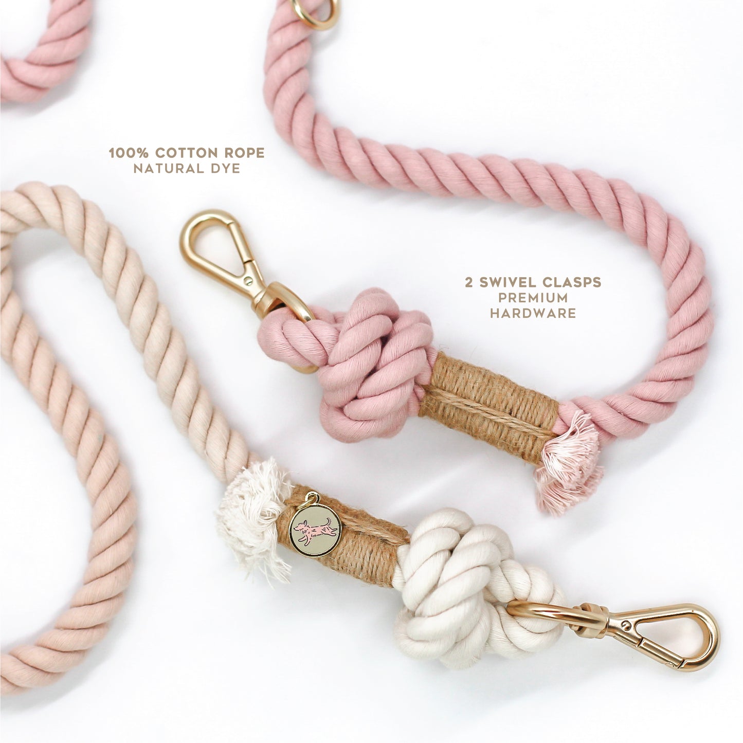 cotton rope leash hands free leash dogs ombre gradient pink rosy quartz color brass hardware 2 swivel clasp Natural Dye Boho Style