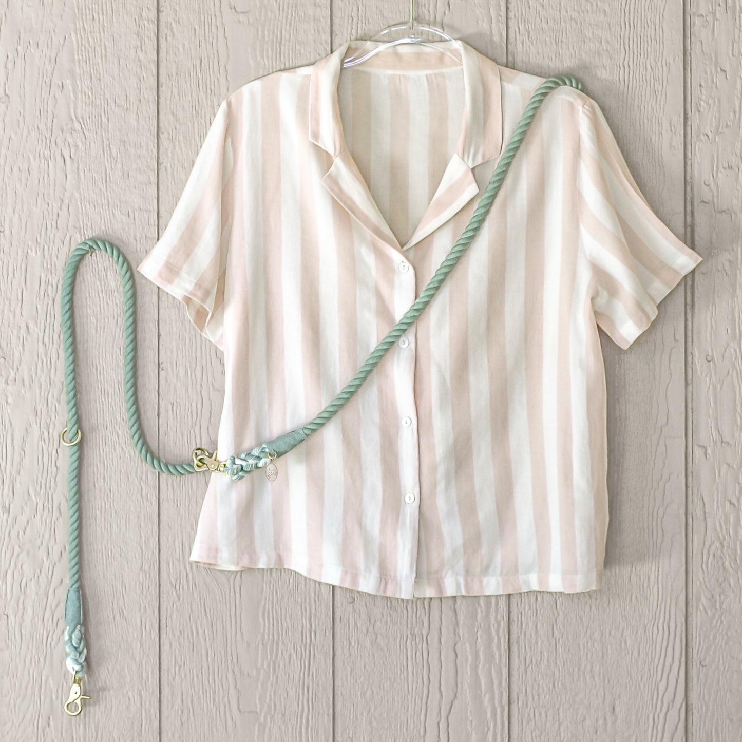 Juniper Moon, sage colored cotton Handsfree Rope Leash for Dogs. Pet accessory for easy dog walking with matte gold hardware. Bop Pop Pets. Fits all sizes One Size