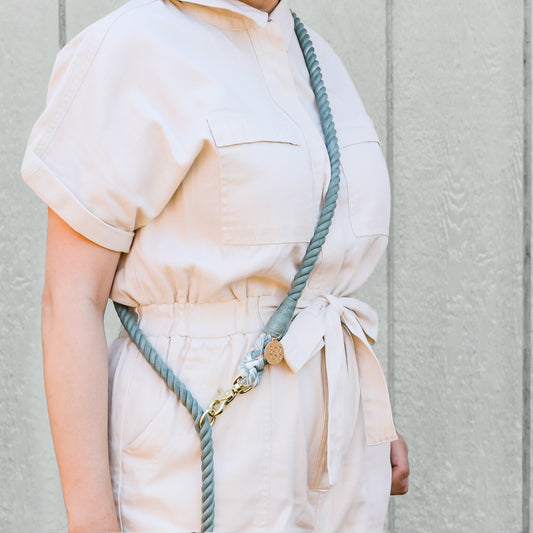 Juniper Moon, sage colored cotton Handsfree Rope Leash for Dogs. Pet accessory for easy dog walking with matte gold hardware. Bop Pop Pets. Fits all sizes One Size