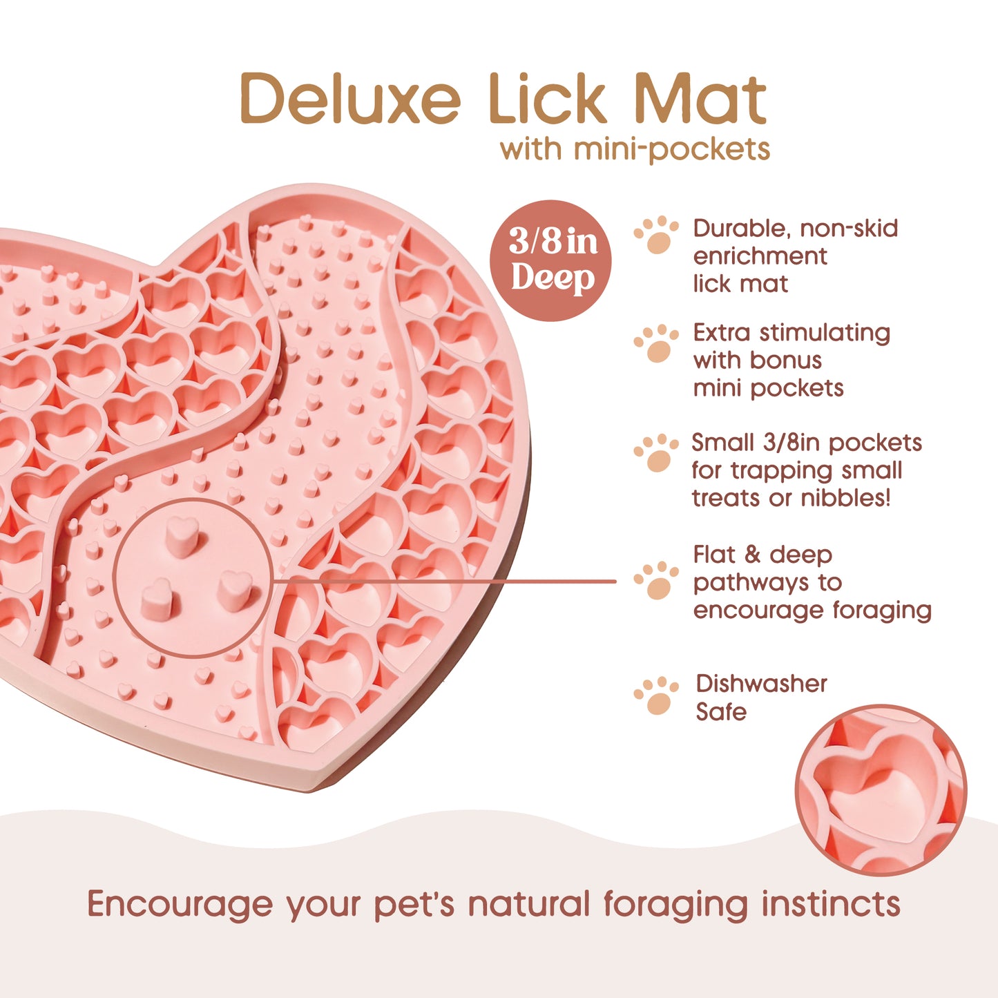 A pink heart-shaped pet lick mat with mini pockets, shown on a light beige background with descriptive text and paw-print icons highlighting features like depth, durability, and dishwasher safety.