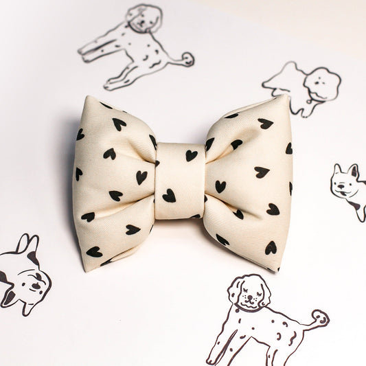 black white hearts bow tie Bop Pop Pets dog cat pet accessory. Cotton puffy bow handmade.
