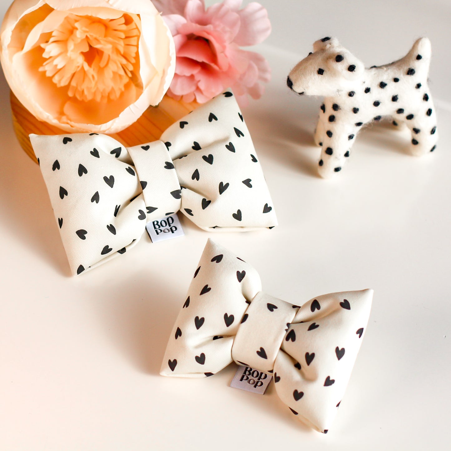 Off white and tiny black hearts large and small sized bow ties for dogs cats Bop Pop pet accessory